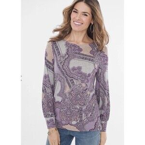 CHICOS Blouse Womens Size 2 Large Top Paisley Long Sleeve Purple Gray